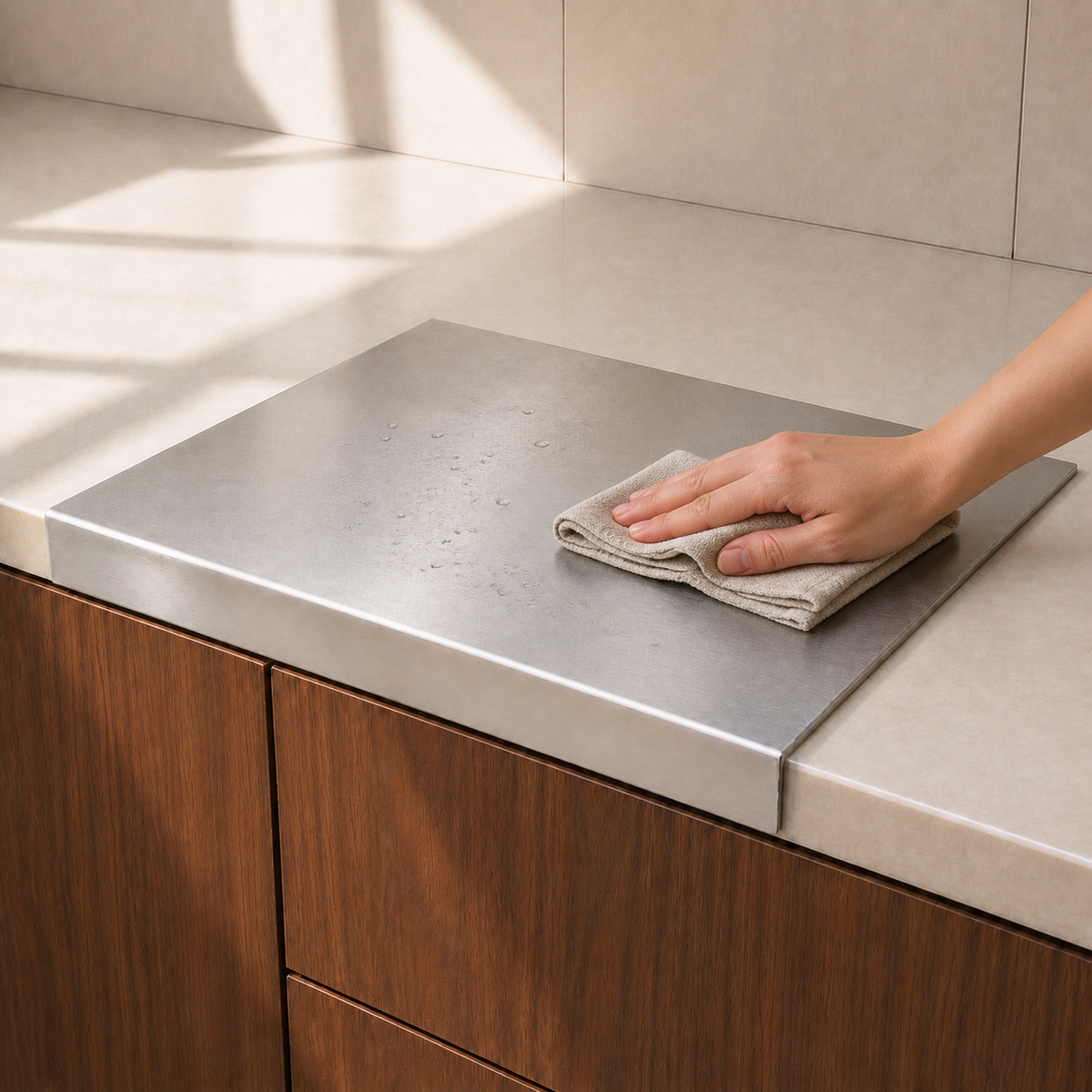 Wiping the Ledgeform stainless steel prep board clean with a linen cloth