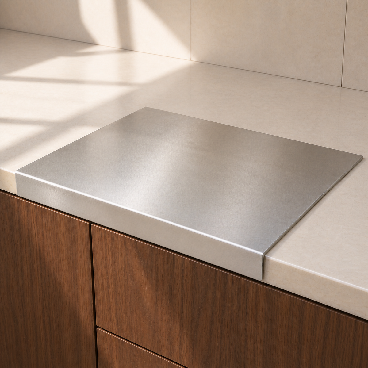 Full Ledgeform stainless steel prep board fitted over a countertop edge