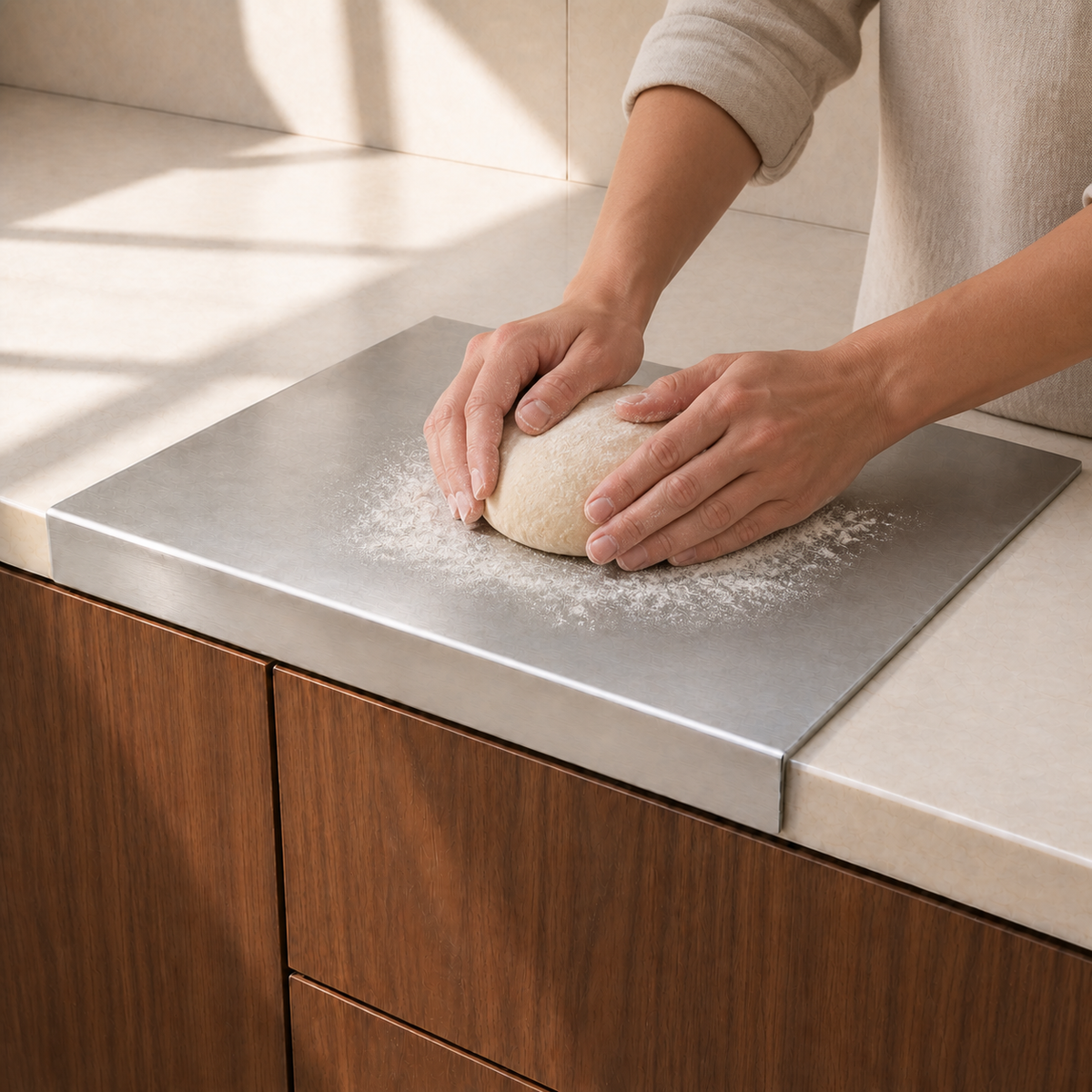 Kneading dough on the stable Ledgeform stainless steel prep board