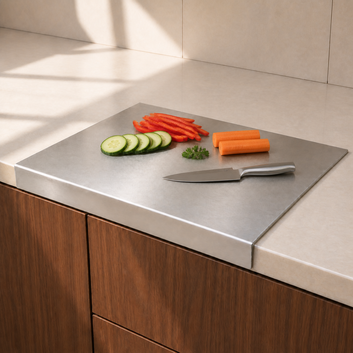 Ledgeform stainless steel prep board with vegetables on a cream countertop