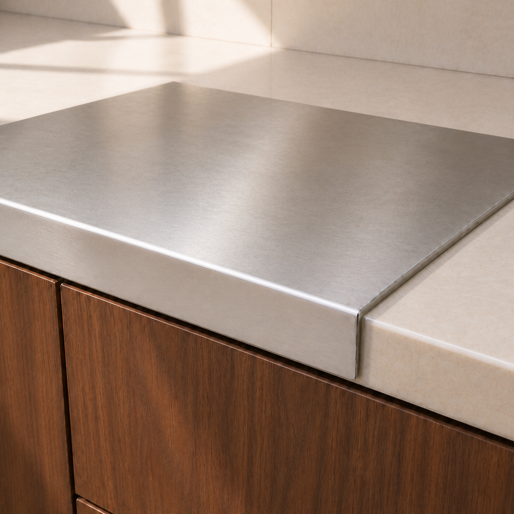 Close-up of the Ledgeform prep board lip hooked over the countertop edge