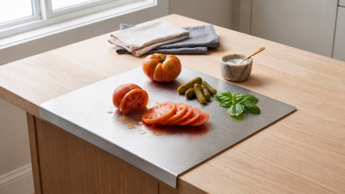 Ledgeform stainless steel prep board secured over a light oak counter while preparing tomatoes, gherkins and basil