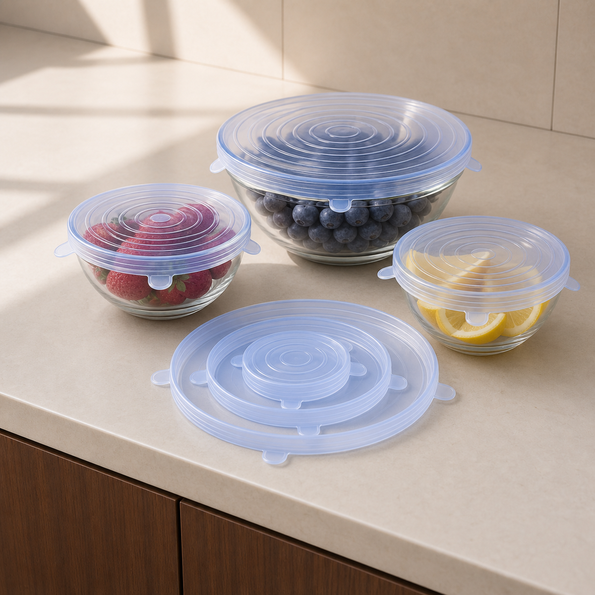 Six reusable silicone stretch lids arranged with covered bowls