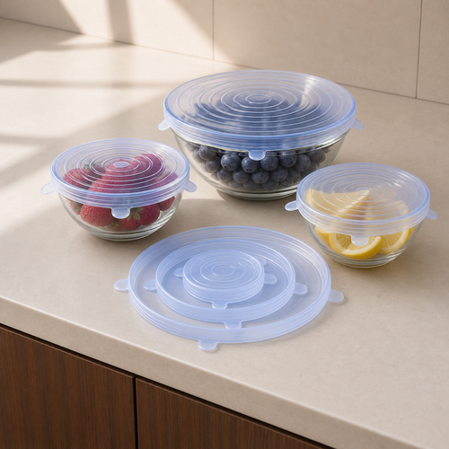 Six reusable silicone stretch lids arranged with covered bowls