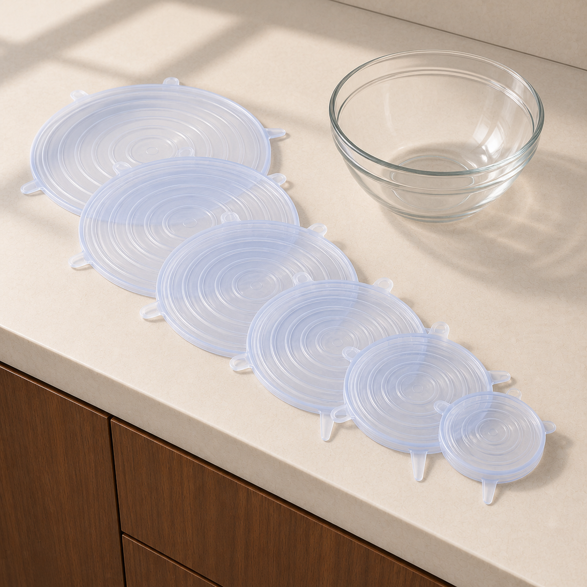 Six reusable silicone stretch lids nested to show the full range of sizes