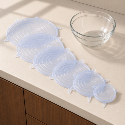 Six reusable silicone stretch lids nested to show the full range of sizes