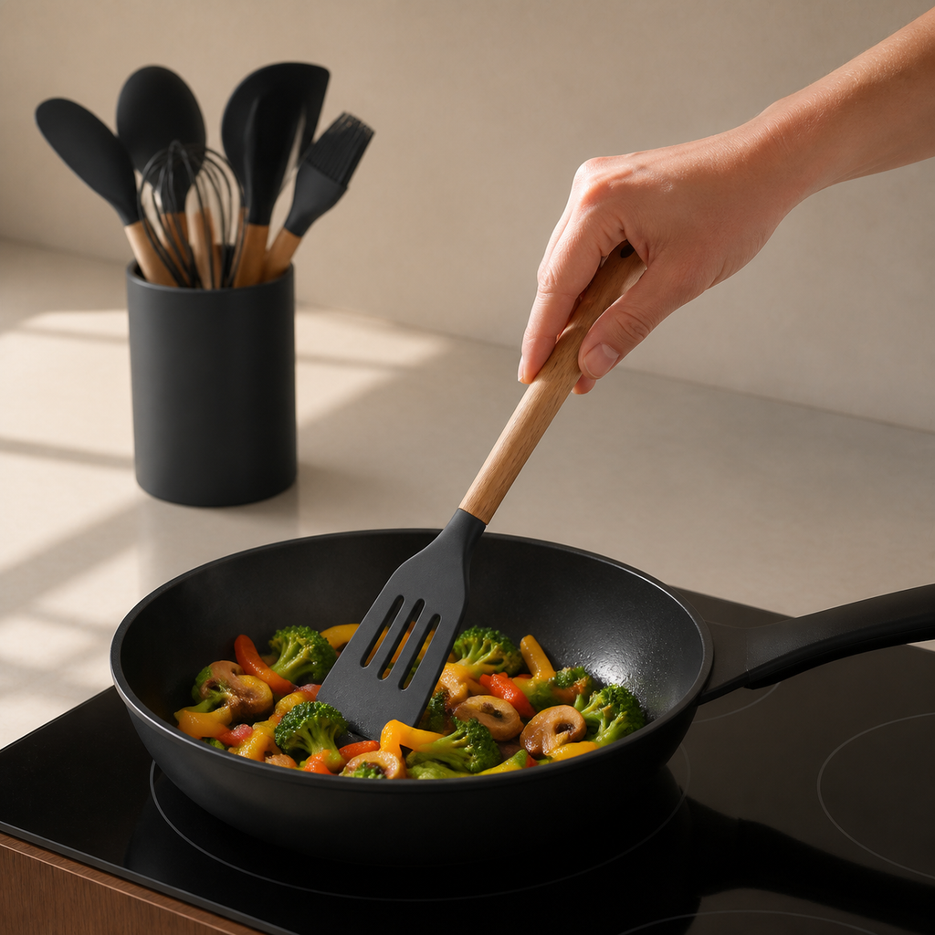 Black silicone spatula cooking vegetables with the matching utensil set nearby