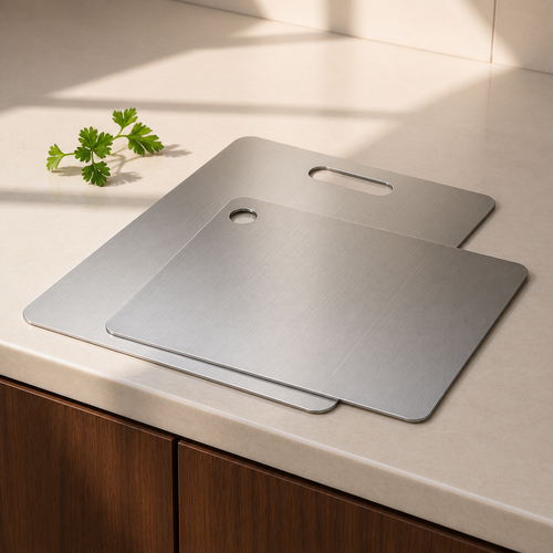 Two flat stainless steel cutting boards in complementary sizes