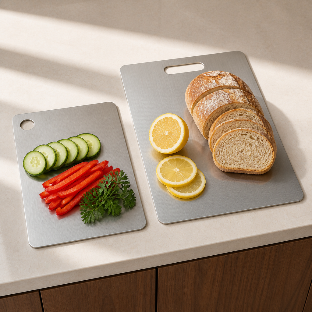 Two stainless steel cutting boards used side by side for bread and vegetables